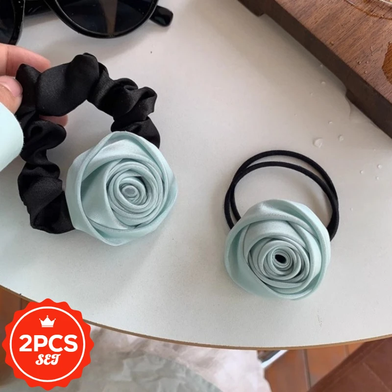 

2Pcs/set New Mint Milk Green Rose Hair Tie Super Fairy Sweet Hair Elastic Headrope Flower Hair Accessories for Women