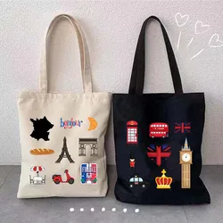 London UK Paris France Travel BRITISH Pisa Rome Italy Spain Woman's Shopping Shoulder Canvas Totes Bag Work Grocery Gym Handbags