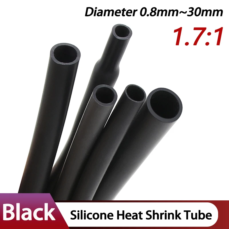 1/5M 1.7:1 Black 0.8mm~30mm Silicone Heat Shrink Tube Flexible Cable Sleeve Insulated High Temperature DIY Wire Wrap Protector