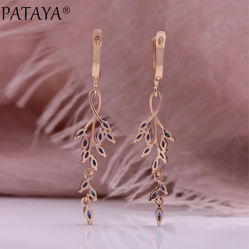 PATAYA Hot Long Leaf Drop Earrings for Women 585 Rose Gold Color With Shiny Blue Natural Zircon Accessories Vintage Daily Fine