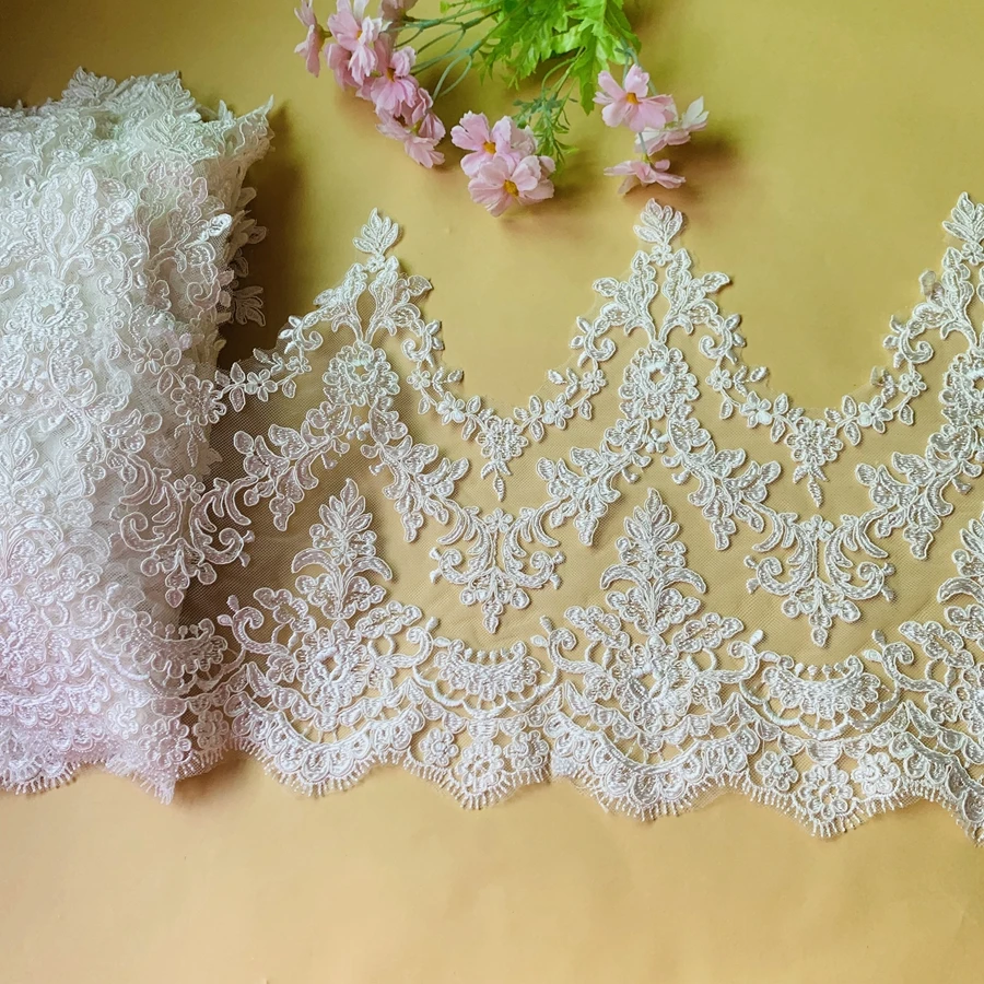 35CM Wide Ivory Color Black, Navy, Rayon Embroidery Tulle Mesh Lace Trim for Dress Wholesale 2021 Luxury!