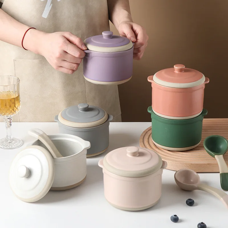 Coarse Pottery Retro Waterproof Stew Pot with Double Ears Lid Household Soup Bowl Solid Color Heat-resistant Bird's Nest Cup