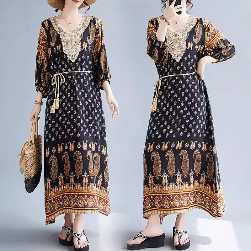 

Summer Wear New Women's Cotton Long Dress 2024 Fashion Printed 4/5 Sleeve Retro Ethinic Style Bohemian Long Dress K1061