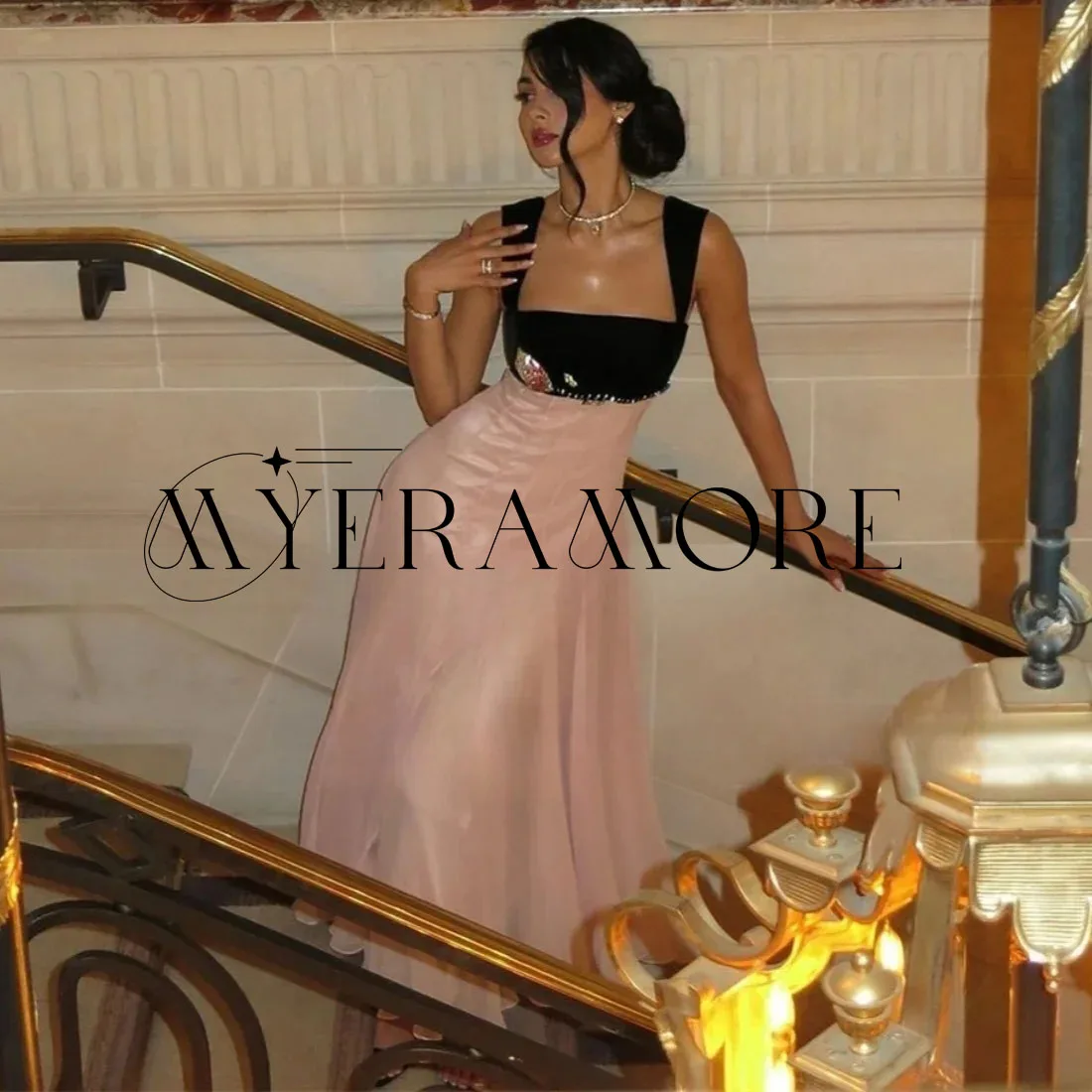 

Contrast Color Evening Dresses Pink Square Neck Beaded A-Line Tea-Lenght Celebrity Prom Dresses Customized فساتين سهرة
