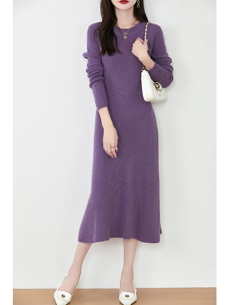 

Women's Pure Wool Knitted Long Dress, Round Neck, Fishtail Skirt, Slim, Elegant, Casual, Fashionable, Sweater, 2024Autumn/Winter