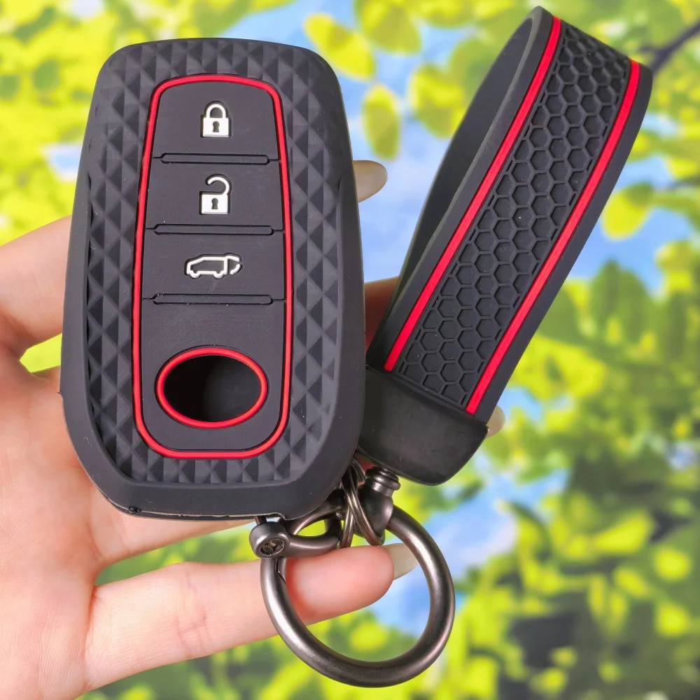 Anti‑Scratch Embossed Key Fob Sleeve With Keychain Chain For Toyota Corolla Cross Yaris Cross Hilux LC200 LC250 LC300