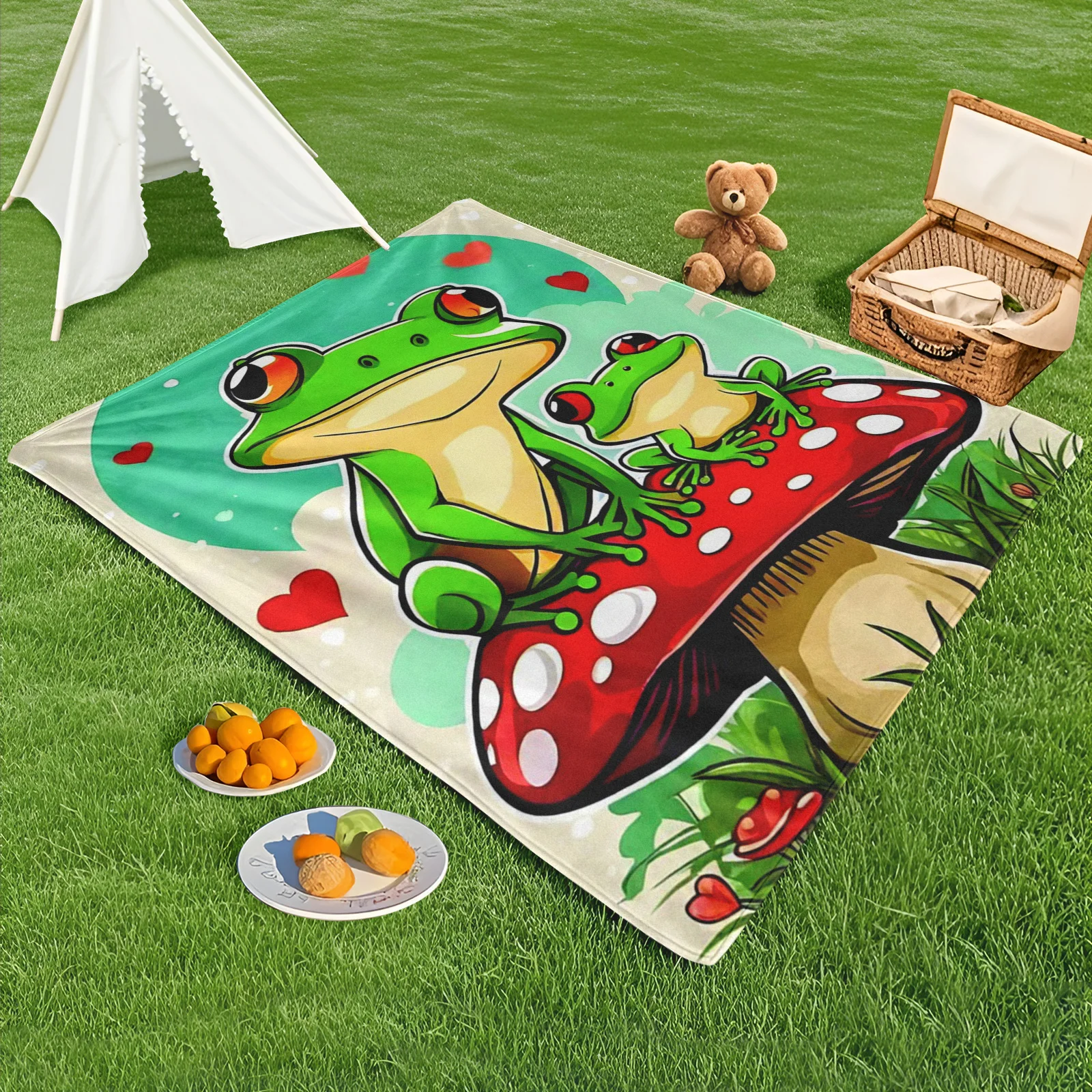 

Red Frog Mushroom And Heart Pattern Outdoor Blanket For Beach Camping Hiking And Travel Adventures Essential Gear