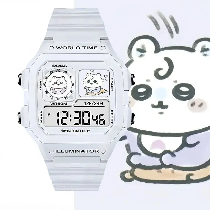 Kawaii Chiikawa Anime Digital Watch Waterproof 5 Alarms 12/24H Time Light Sports Square Electronic Wrist Watch