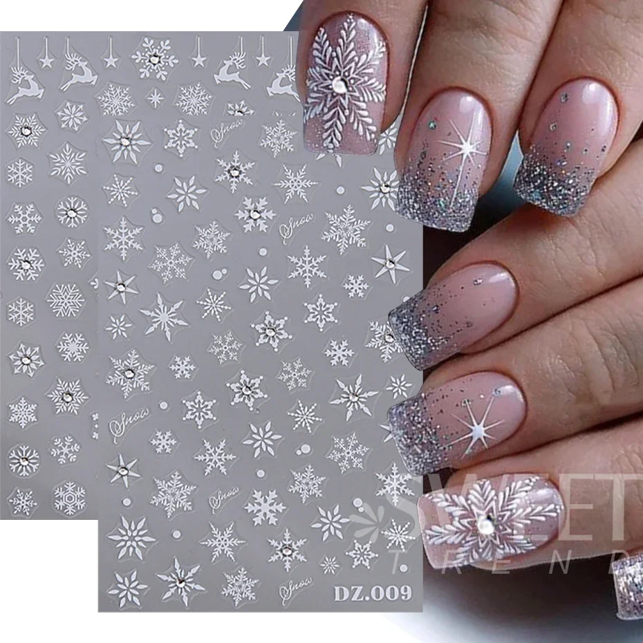 5D Sneeuwvlok Winter Nagelsticker Met Strass Wit Zwart Goud Elanden DIY Kerst Xmas Decal Slider Manicure Kunst Decoratie