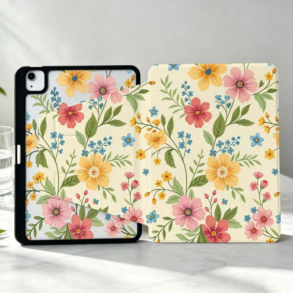Floral Pattern Soft For iPad Pro Air mini 6 5 4 12th M5 M4 M3 M2 A16 A17Pro 360° Rotation Stylus Storage Tablet Case