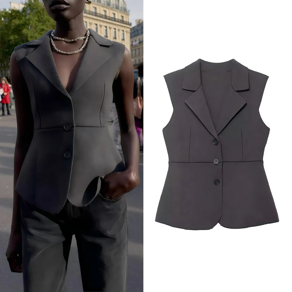 

Women's new comfortable slim single breasted knitted vest casual lapel knitted vest retro sleeveless women's vest chic top