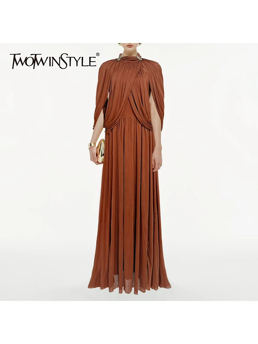 TWOTINSTYLE Fashion Spliced Folds Design Sense Dresses for Women Stand Neck Sleeveless Patchwork Sequined Long Dress Female New
