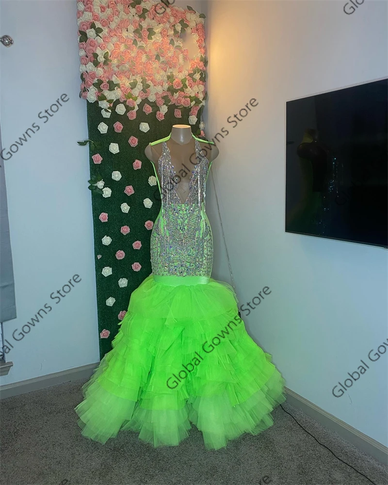Green O N Bead Crystal Long Prom Dresses Black Girls Tassel 2024 Birthday Luxury Dress Tiered Ruffles Graduation Gown Customized