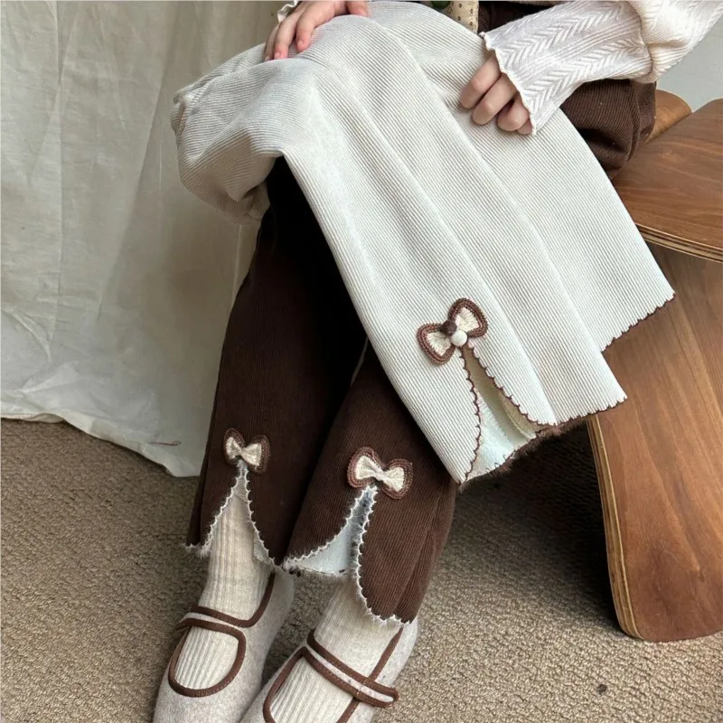 

2024 New Autumn Winter Kids Girls Corduroy Pants Integrated Velvet Warm Bow Childrens Baby Girls Casual Pants Toddler Girl Pants