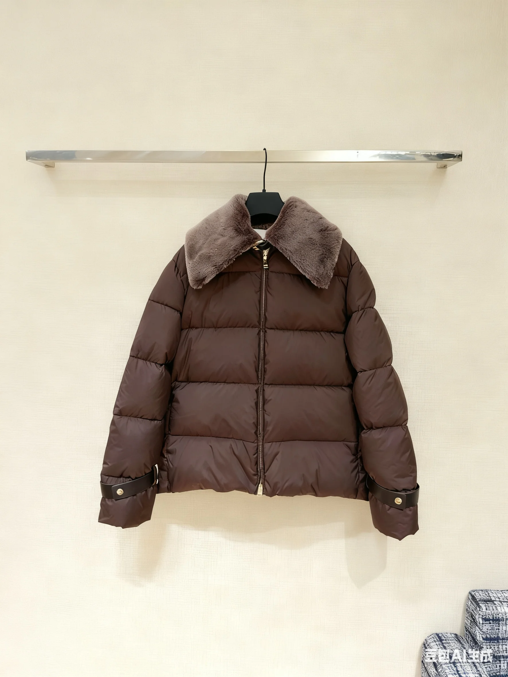 

2025 Winter Women Brown Puffer Jacket Fur Collar Long Sleeve Warm Coat Casual Short Outerwear