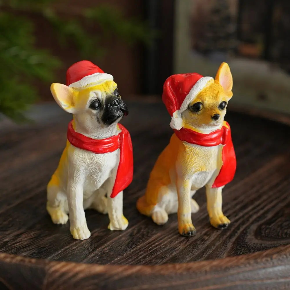 Creative Christmas Hat Dog Sculpture Sitting/Standing Position Modern Christmas Ornament Cute Puppy Deer Desktop Ornament