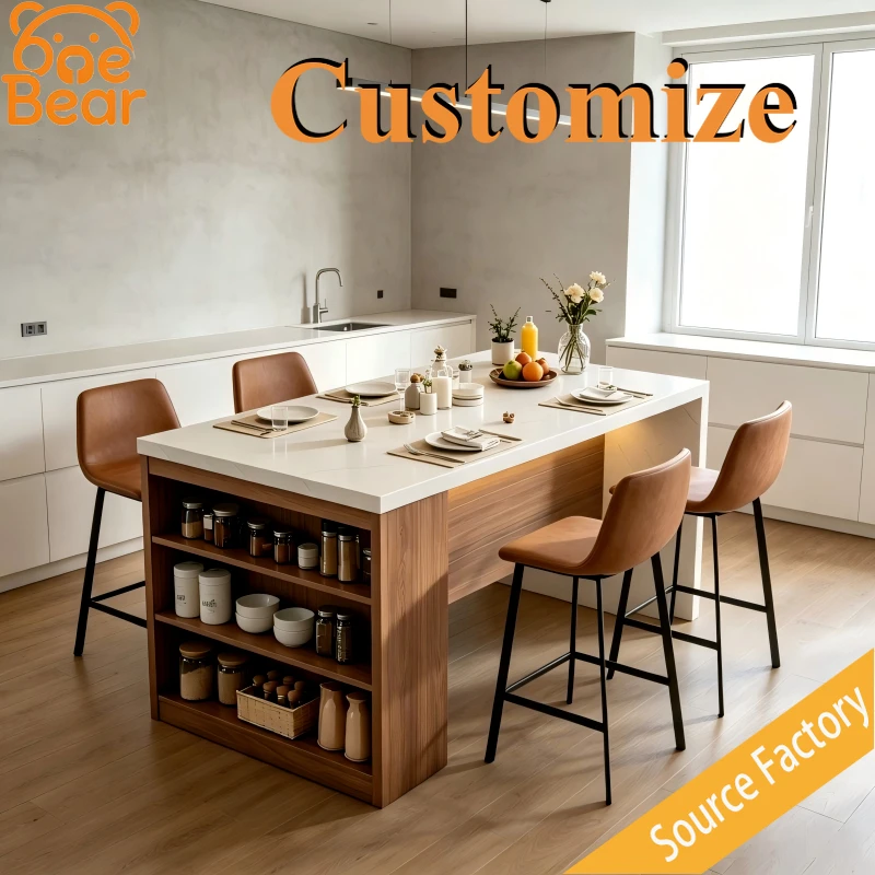Sintered Stone Kitchen Island Table with Open Storage, Built-in LED Lights, Multi-functional Dining Island for 4 People Home Use