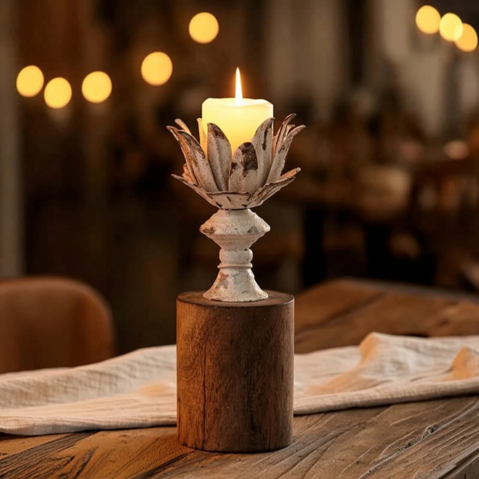Lotus Candle Holder Shabby Chic Candle Holder with Wood Base Table Accent Farmhouse Decor Elegant for Mantel
