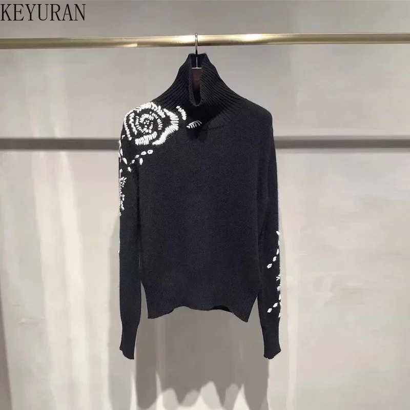 2024 Autumn Winter Turtleneck Sweater Pullover Women New Pull Femme Chic Rose Flower Embroidery Long Slevee Knitwear Tops Jumper