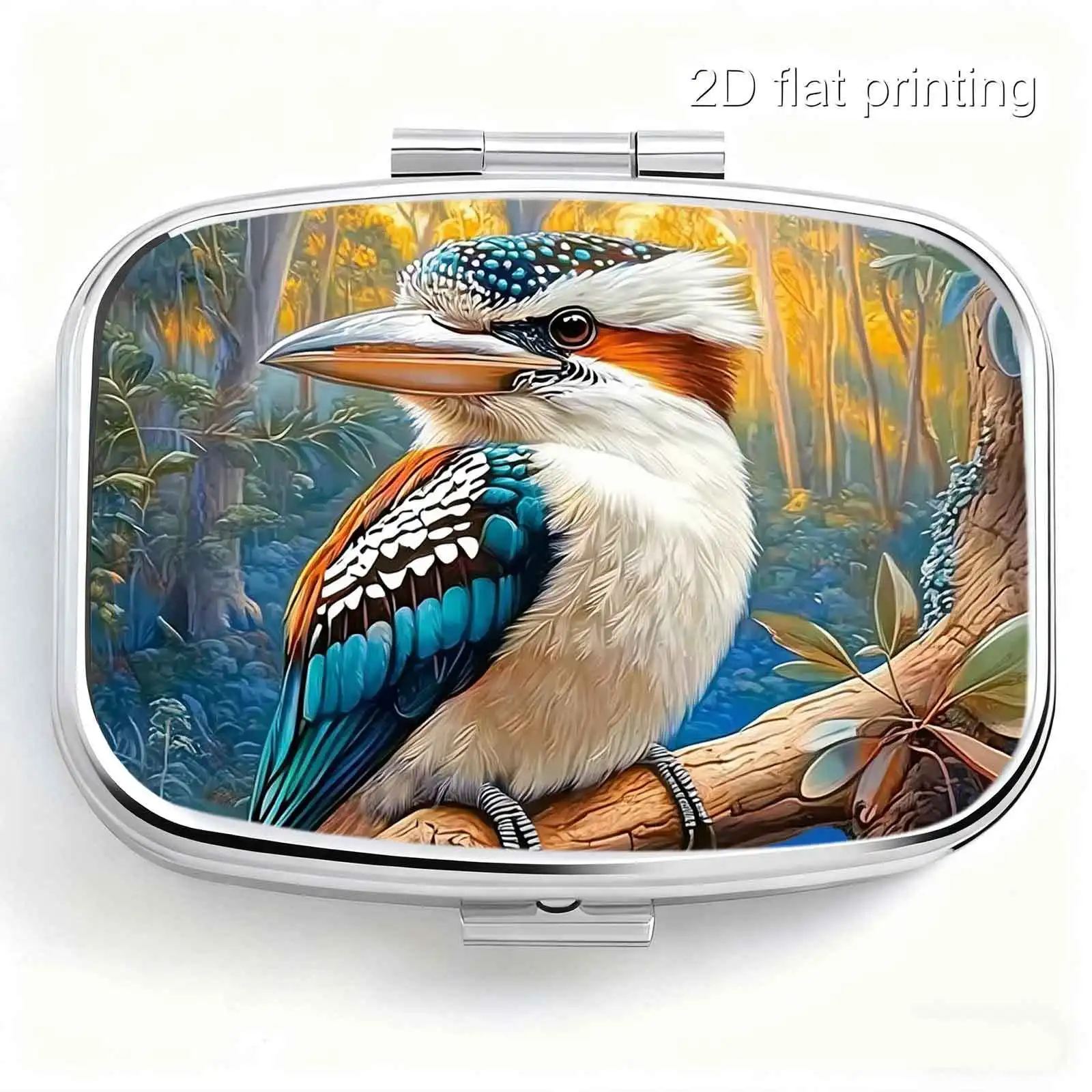 Woodland Robin Natural Habitat Pattern, Square Two-Compartment Small Pill Box, Portable Medicine Storage, Small Jewelry Storage, Suitable for Handbags or Travel, Elegant Design, Polished Finish