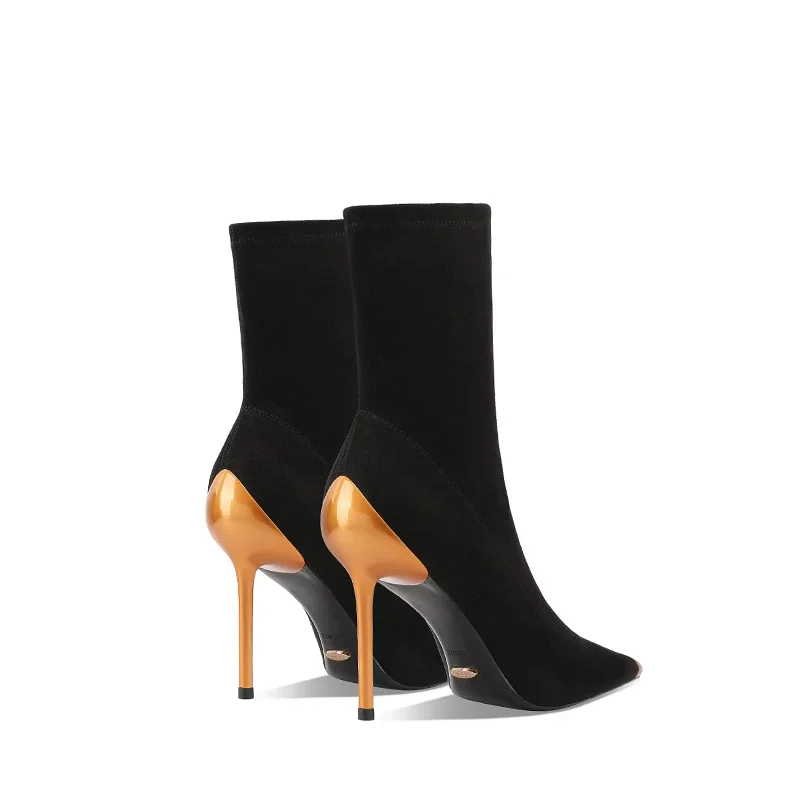 Autumn and winter new metal pointed thin heel short tube elastic boots party dress temperament high-heeled women's boots