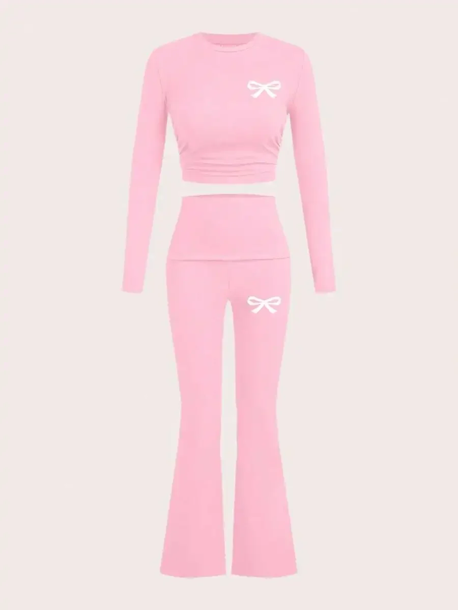Slaydiva Women's Light Pink Autumn Casual Graphic Everyday 2-Piece Set,Long Sleeve Cropped Ruched Top And Wide Leg Flare