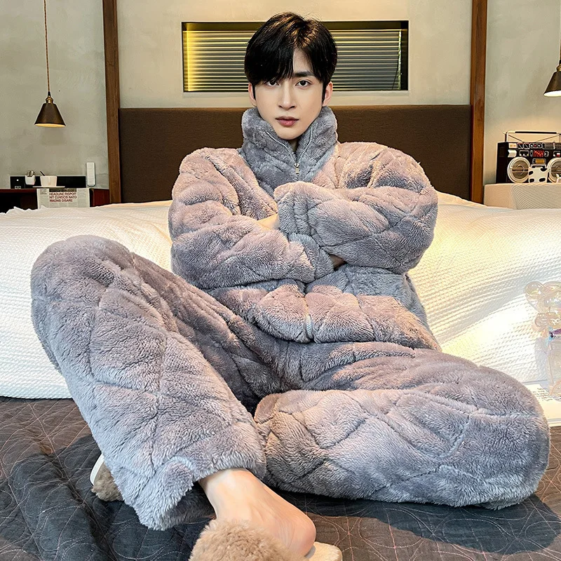 2022 Winter New 2PCS Pajamas Set Coral Fleece Men Sleepwear Nightwear Casual Thick 3 Layers Quilted Sleep Home Clothes Warm