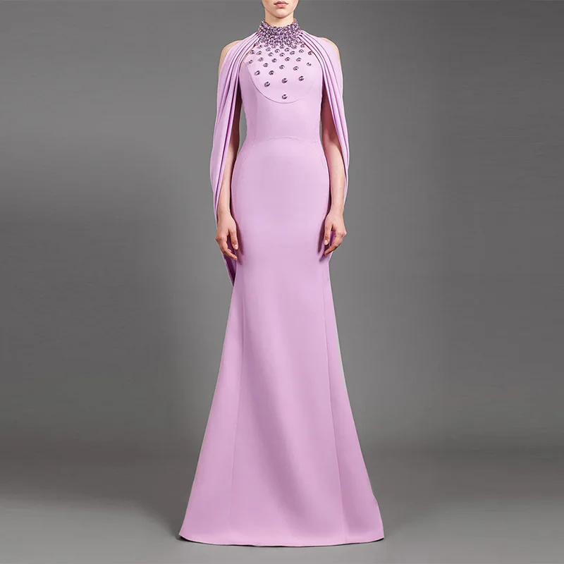 In Stock Celebrity 2025 New Elegant Heavy Beaded Halter Backless Shawl Long Dress