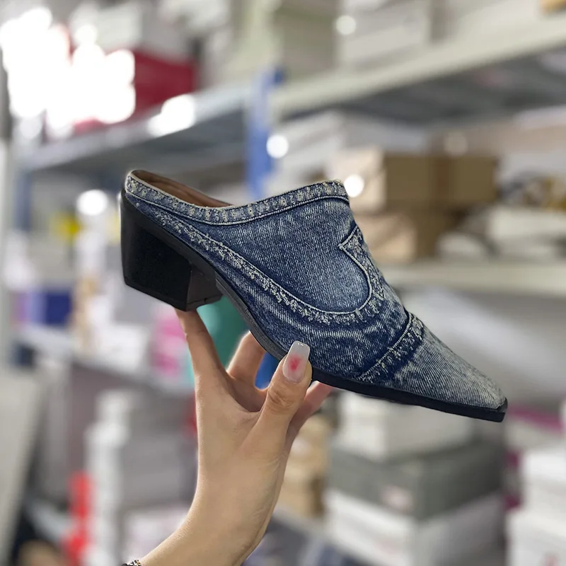 2022 New Retro Cowboy Mules Half Sandals Ladies Mule Heel Slippers British Square Toe Short Boots Mid-heel Cloth Shoes Blue