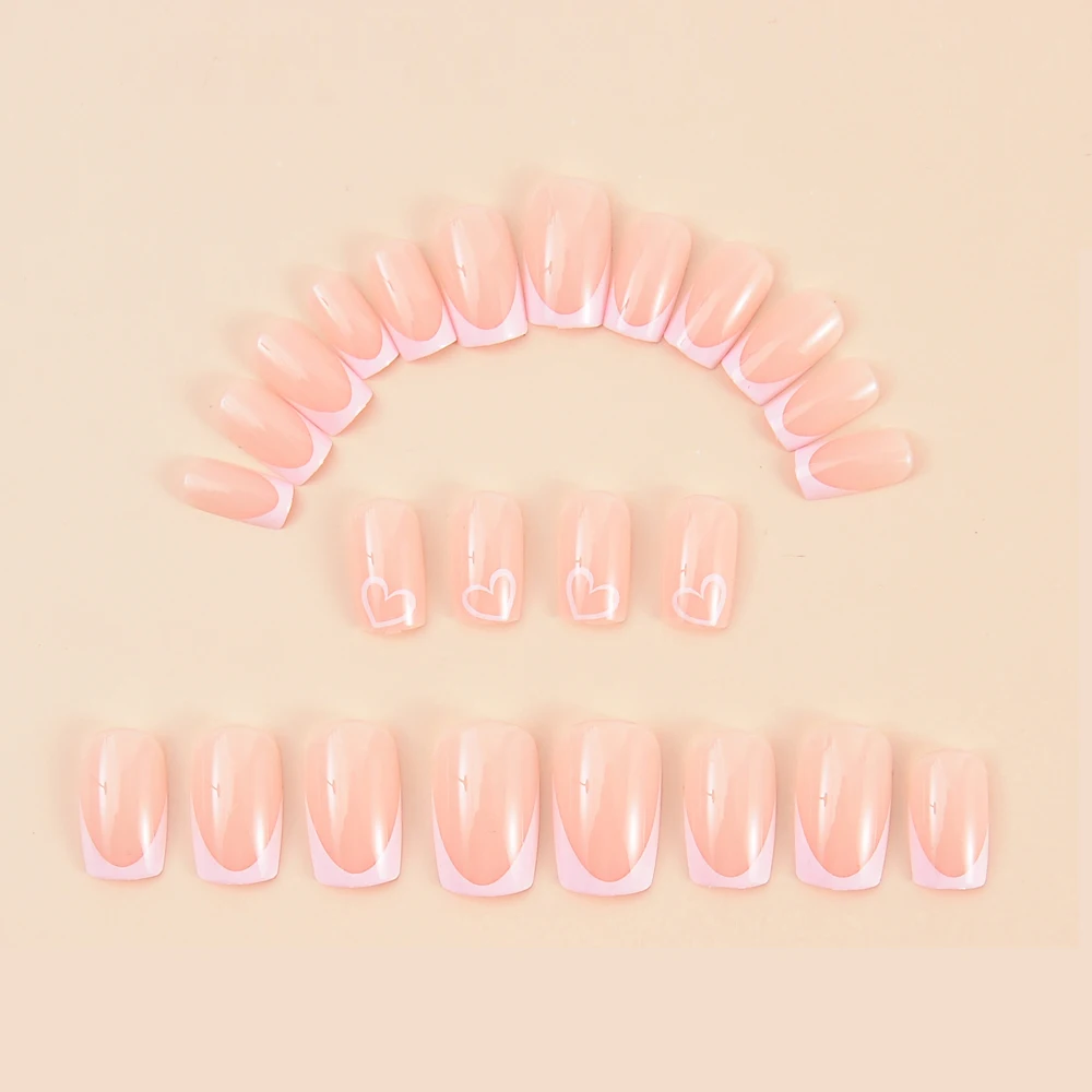 24 Pcs Long Square Nail Art Bright Pink French Heart Pattern For Girl Mother Women Gift - Fake Nails For Festival, Party image 2