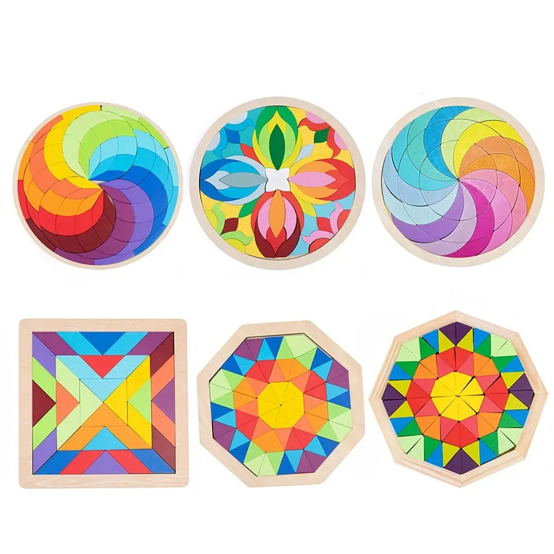 Rompecabezas de madera de arcoíris Montessori para niños, juguetes de arte geométrico, entrenamiento de imaginación, bloques de Mandala, juegos de