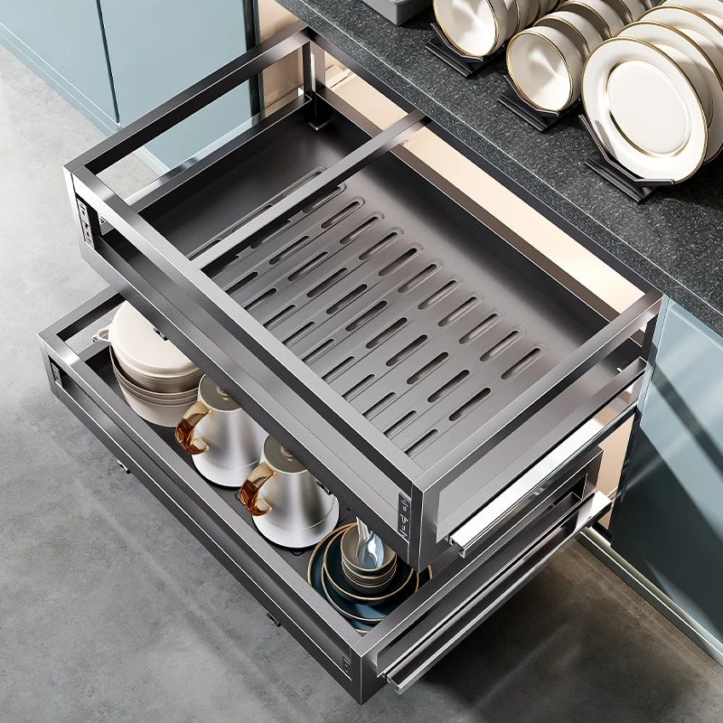 

Basket Kitchen Cabinet 304 Stainless Steel Double Drawer Bowl Rack Storage Built-in Bowl Basket Dishes Kitchenware Cabinet