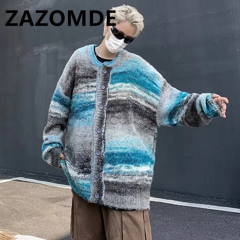 ZAZOMDE Winter Punk Knitted Sweaters Men Stripe Designer Oversized Harajuku Streetwear Sweaters Fall Hip Hop Cardigan Jumper Top