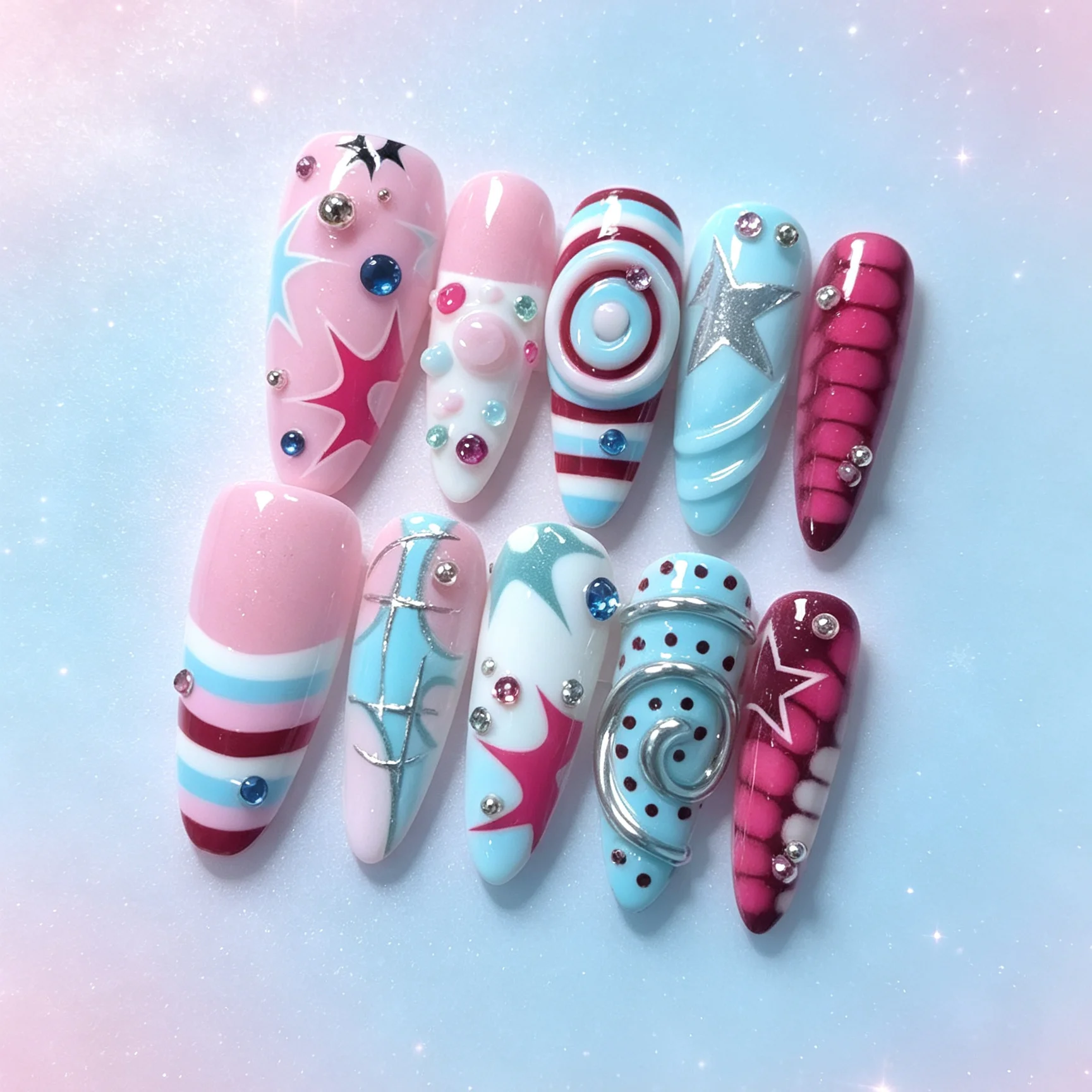 10 Pieces of Hand Pressed Almond Shaped Nails, Beautiful Fake Nails, Pink Blue Dopamine Millennium, Suitable for Women to Use