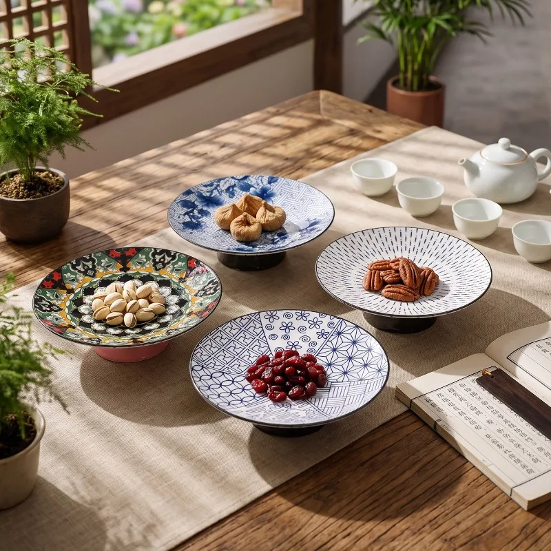 Retro High-foot Floral Porcelain Fruit Plate Living Room Table Decoration Round Pastry and Nut Plate Home Porcelain Fruit Plate