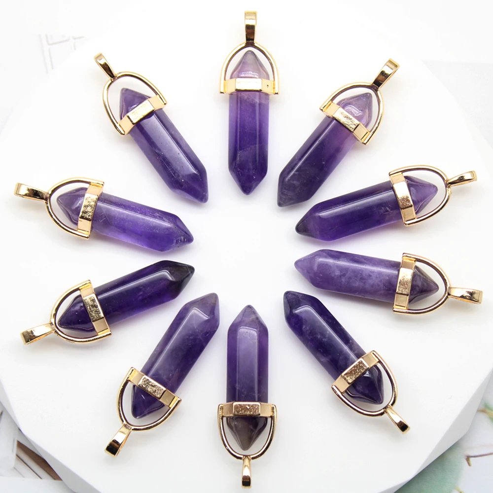 24PCS Natural Stone Pendant Hexagonal Column Quartz Crystal Amethyst Pendulum Pendant For DIY Jewelry Making Accessories