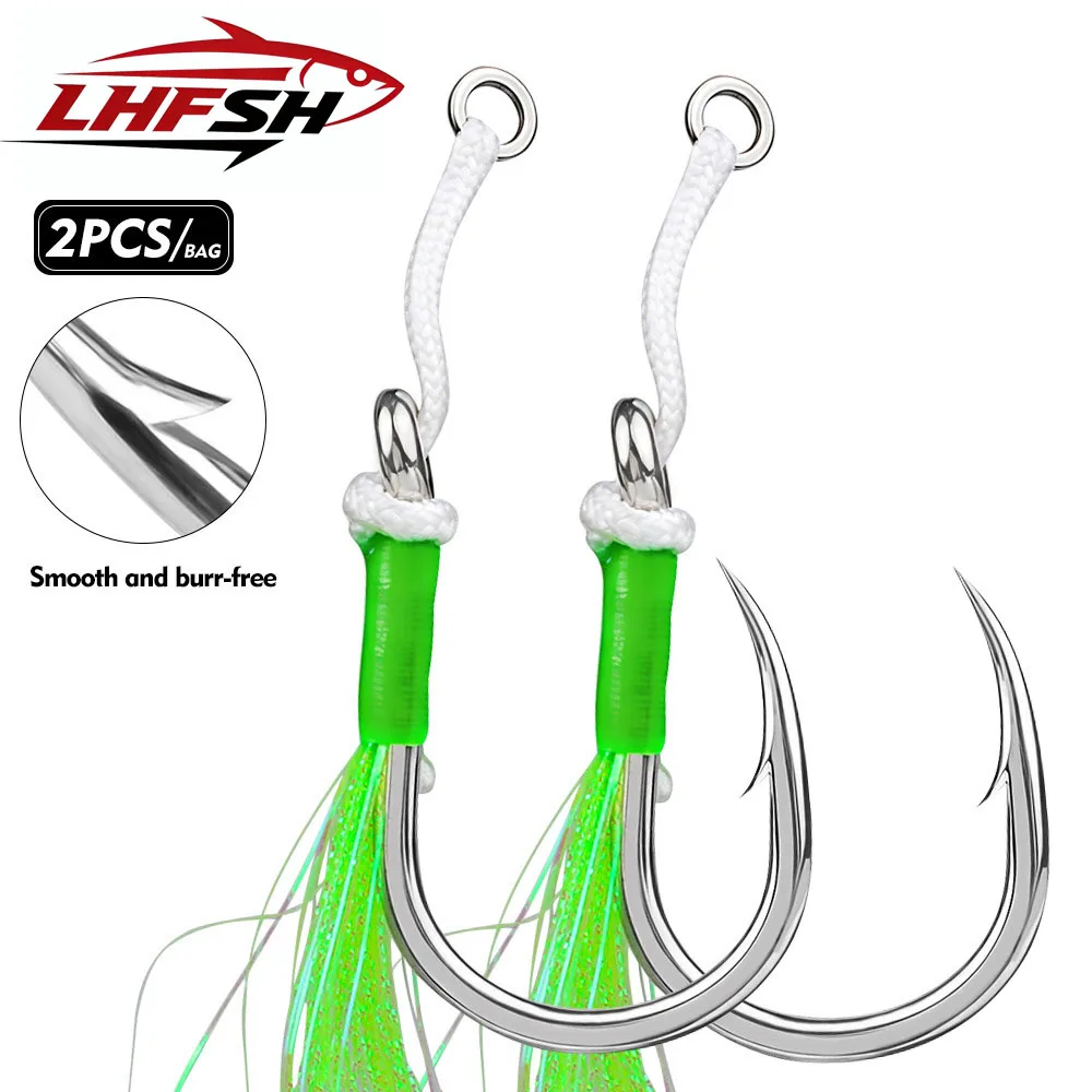 LHFSH 2 Stück/Beutel Hochsee-Angelhaken mit Doppelhaken, Feder-Design, Robuste Widerhaken-Jighaken für Salzwasser-Angelausrüstung