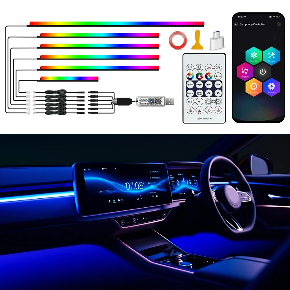 Car Acrylic Fiber Strip Ambient Lights Symphony LED Universal RGB Music Atmosphere Lamp USB APP Remote for Model 3 Y S X