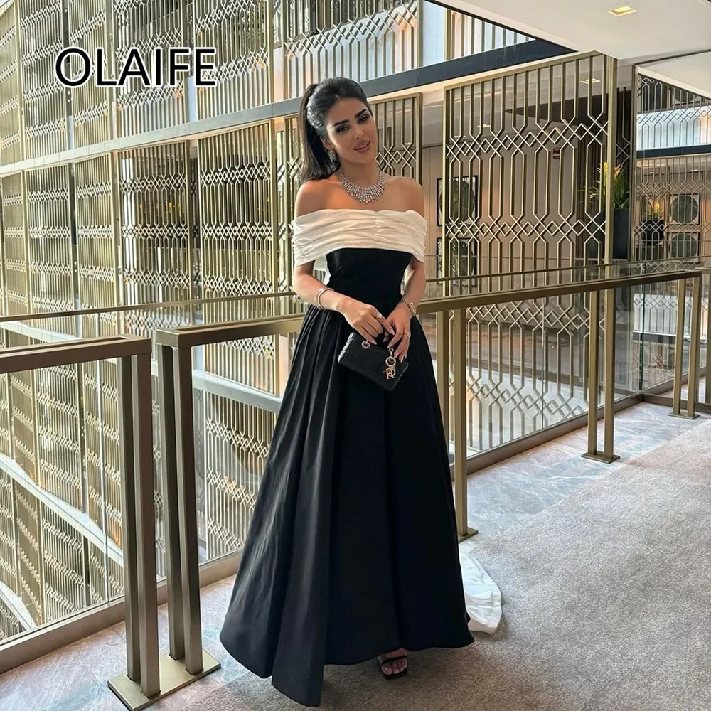 

Customized Classic Boat Collar Satin Pleated Evening Saudi Arab Dress A-line Slim Floor-Length Prom Evening Gown with Train