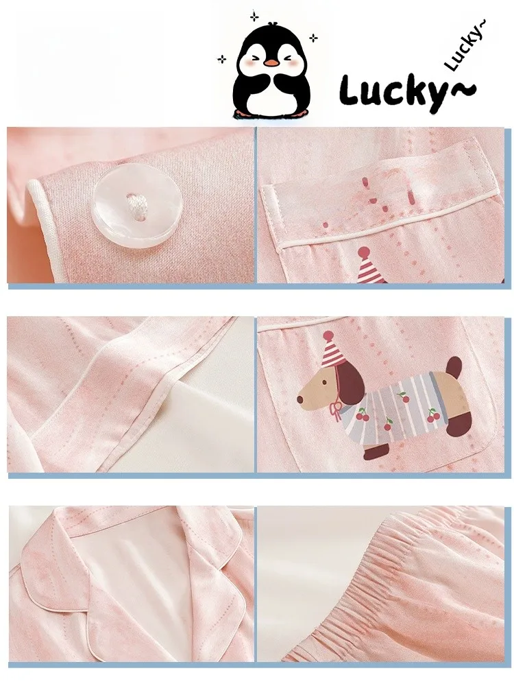 PinkBread Ice Silk Pajamas Short Sleeve Couples Summer Home Clothes Dachshund Print Comfortable Breathable Men's New Style