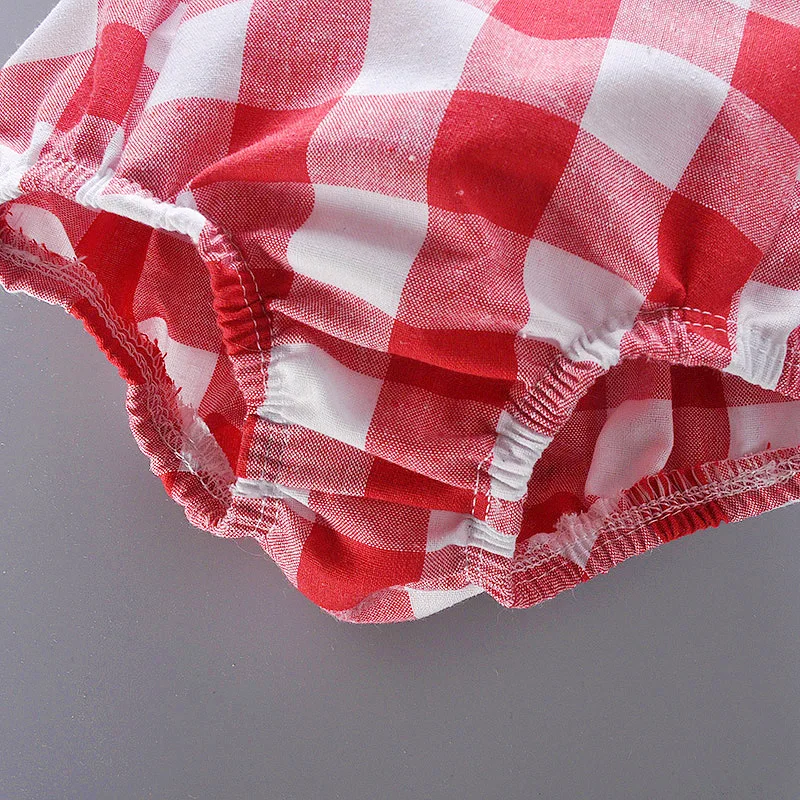 Newborn Summer Comfortable Crawling Clothes With Red Checkered Flying Sleeves Big Bow Wrapped Bottom Coat Suitable For 0-2 Year