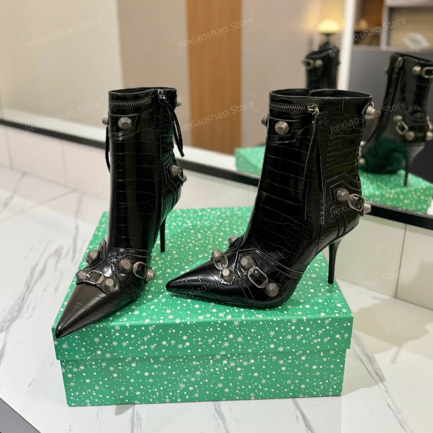 Top Quality Handmade Genuine Leather Pointed-Toe Super High Heel Ankle Boots Motorcyle Boots Stiletto Ladies Pumps Boats Mujer