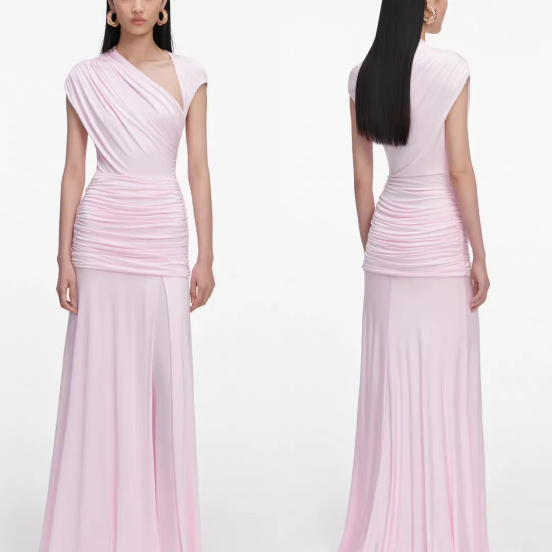 Women Asymmetric collar sleeveless pink long dress high waist fashion temperament maxi dress