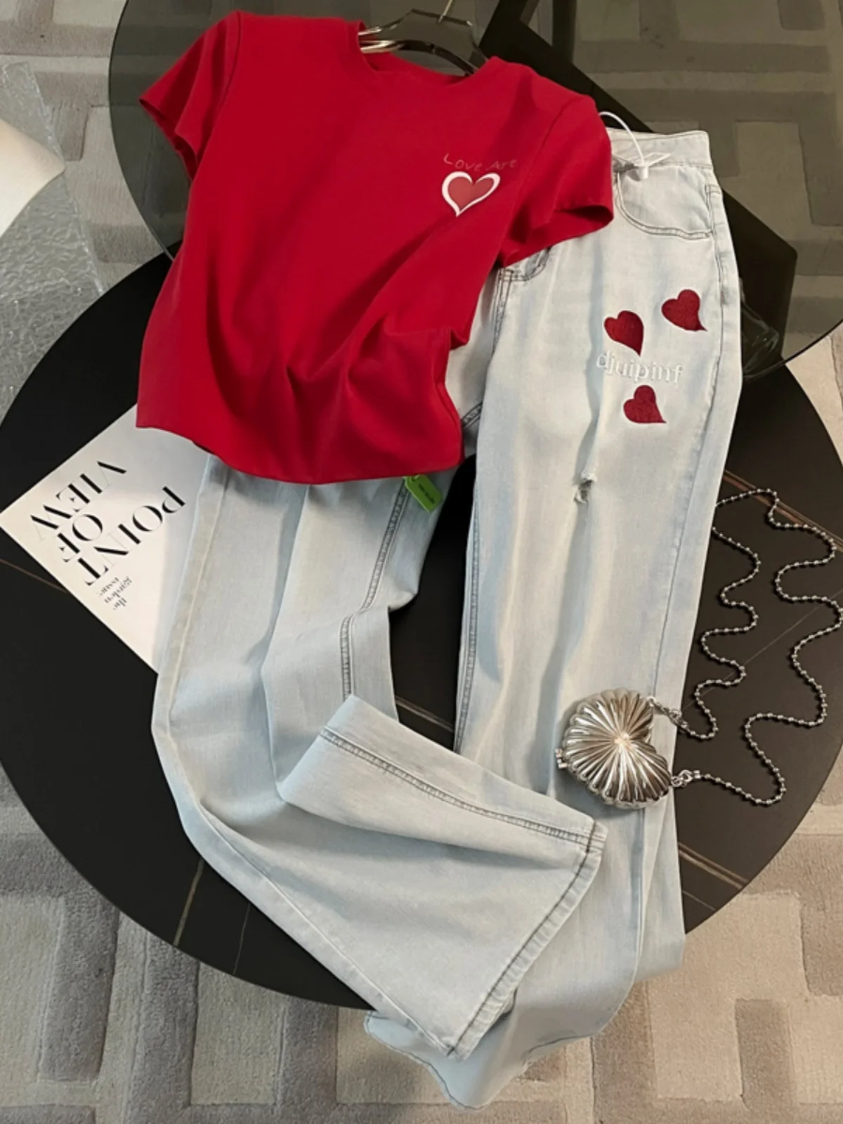 

Salt Series Street Style Sporty Casual Set Women Summer 2026 New Red Short Sleeve Heart Slimming Jeans Two Piece Set