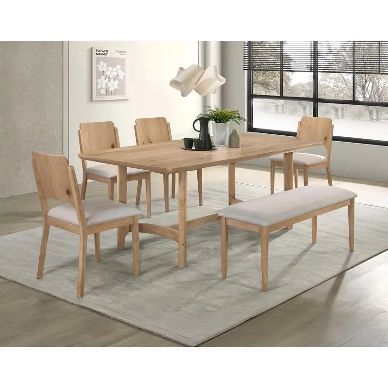 6pc Rectangular Dining Table Chair & Bench Set, Light Brown Beige Finish, Softly Rounded Corners, Fabric Upholstered, Wooden