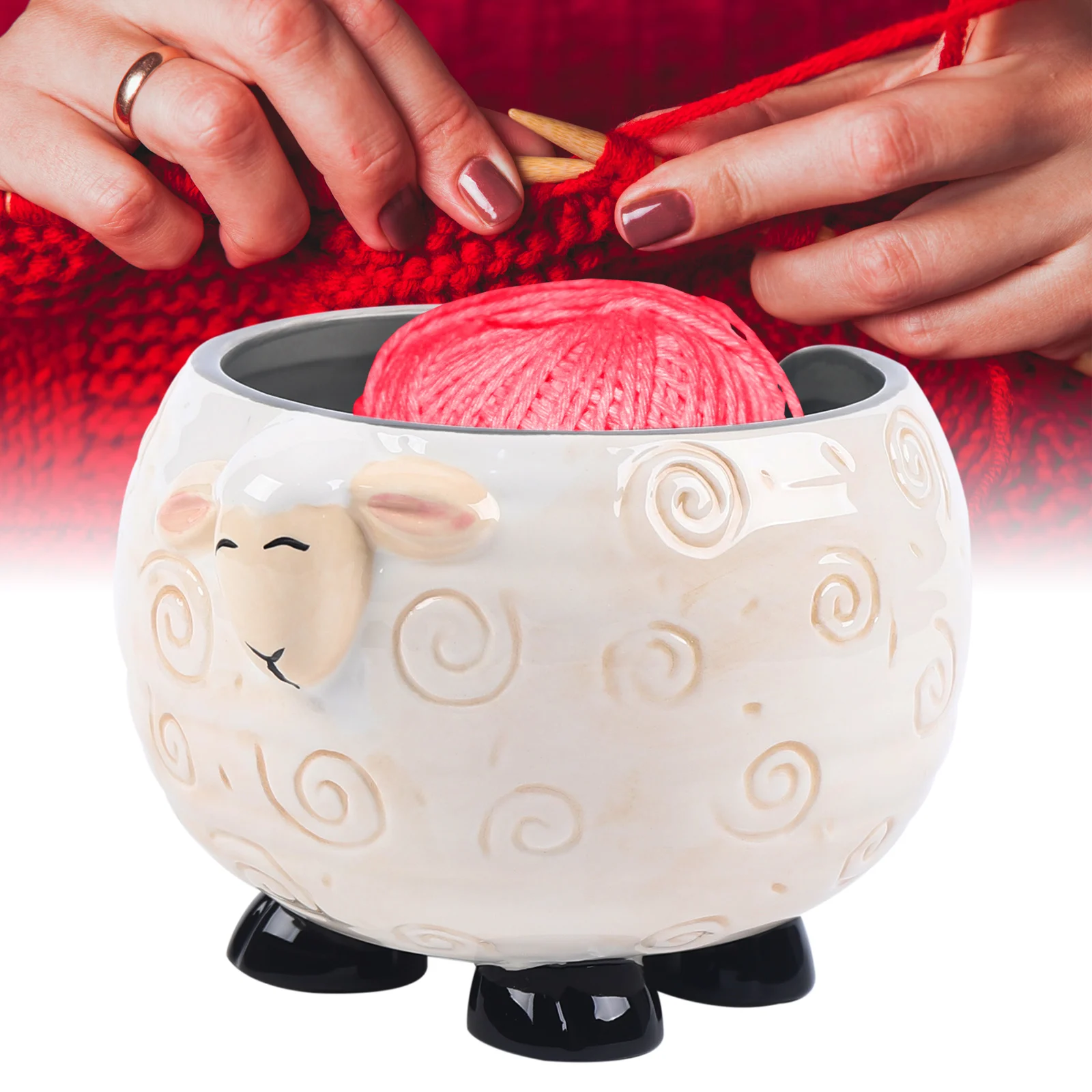 Yarn Bowl Cute Ceramic Sheep Shape Wool Storage Bowl Knitting Yarn Holder with Holes Handmade Wool Bowl Storage for Knitting