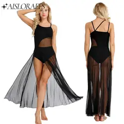 Women Lyrical Ballet Gymnastics Leotards Sleeveless Sheer Mesh Latin Dance Maxi Dance Dress Modern Contemporary Dance Costume