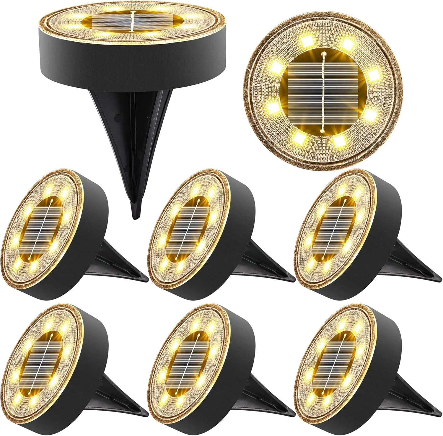 

8 Pack Solar Ground Lights, IP68 Waterproof LED Disc Lights for Patio, Pathway, Lawn - Warm White