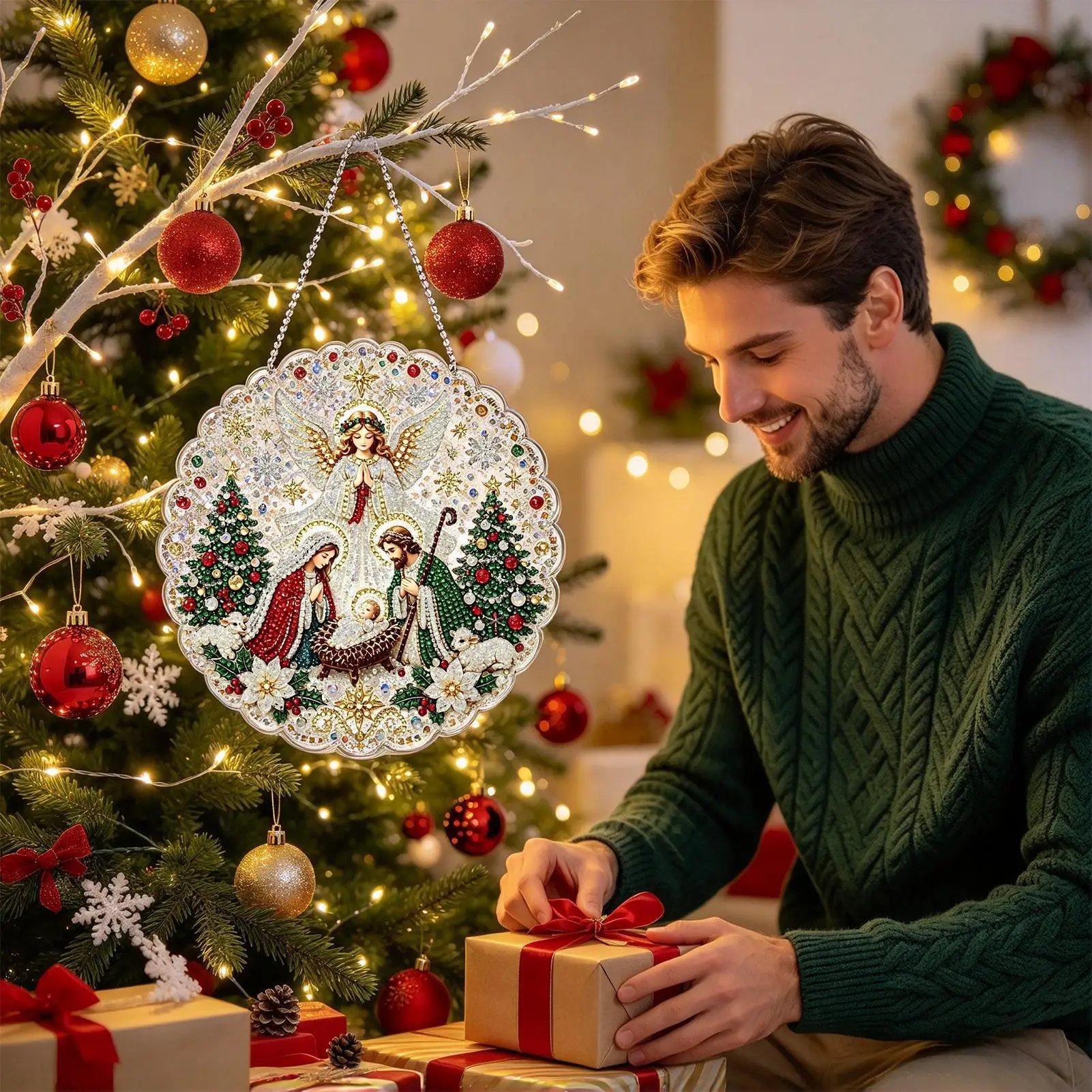 Christmas Pearl Art Angel Nativity Scene Rhinestones Decor Christmas Pearl Painting For Trees Window Holiday Crafts Beginners
