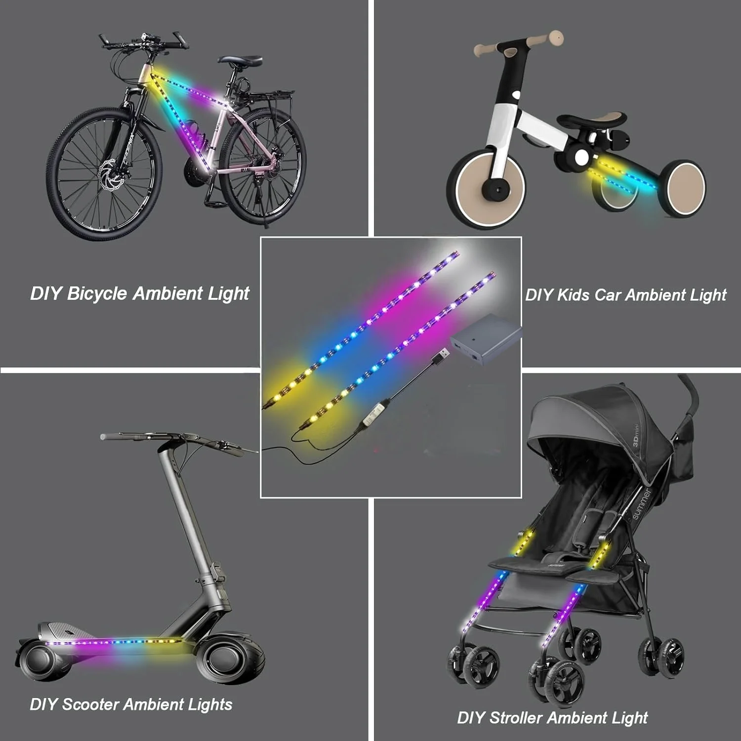 شريط إضاءة LED للسكوتر الكهربائي، مصدر طاقة مزدوج الوضع USB/بطارية، ضوء تحذير عالمي للركوب الليلي، شريط إضاءة أمان،